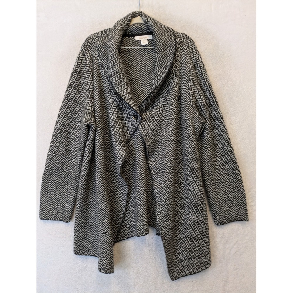 Ellen Tracy Cardigan Women's 1X Black White Herringbone Draped Wool Blend Knit